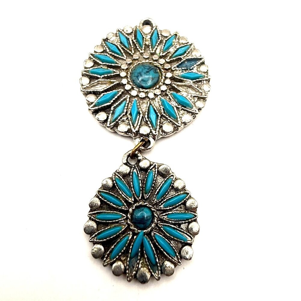 Vintage Southwestern Style Double Concho Pendant Silver Tone Turquoise Look Stat